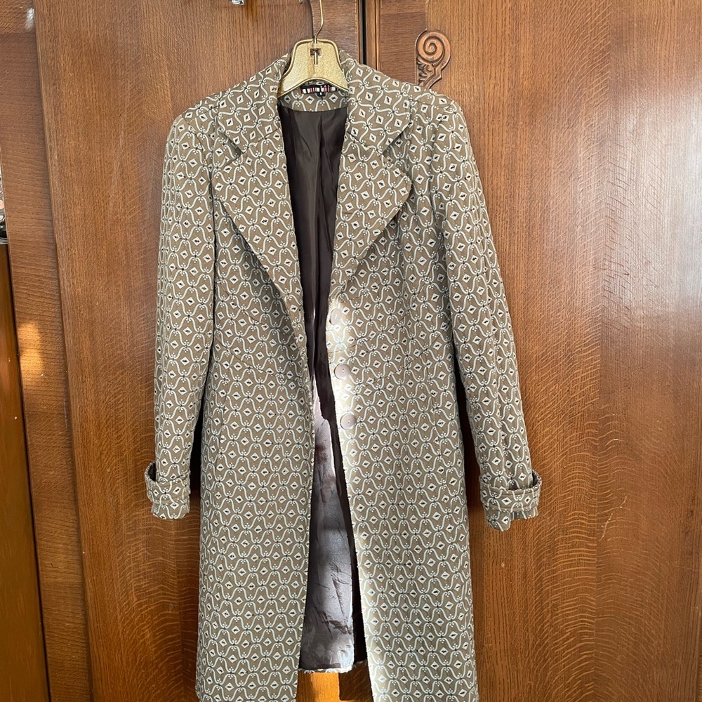 Dalia Taupe Brocade Beaded Dress Coat, Size 8